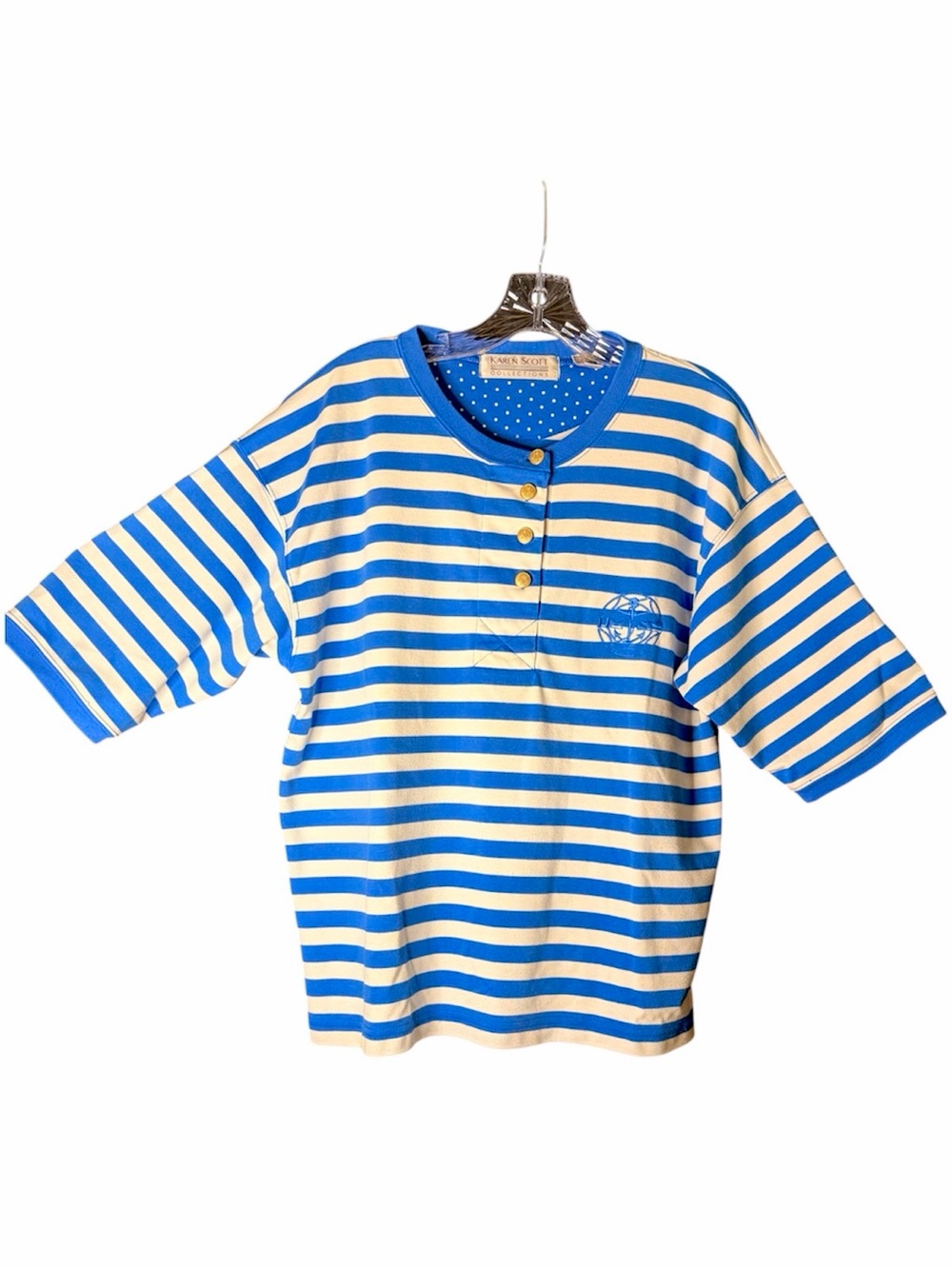Karen Scott Blue & White Striped 3/4” Sl Henley w/Embroidered Anchor&Rope Sz L - Picture 5 of 6